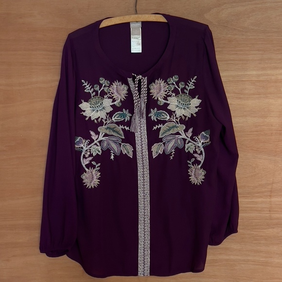 CHICO'S floral embroidered boho top size 3 semi sheer tassel tunic - Picture 1 of 5